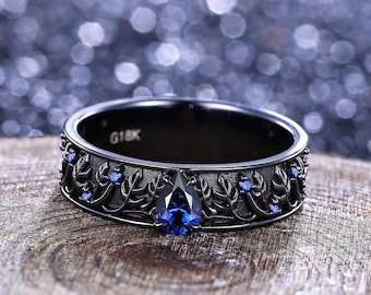 Blue Sapphire Engagement Ring Unique Nature Inspired Black Gold Sapphire Matching Wedding Band Men's Promise Ring Anniversary Gift For His