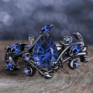 Unique Fireworks Blue Sapphire Engagement Ring Set Sapphire Wedding Ring Leaf Vine Twig Branch Nature Inspired Ring Crescent Moon Ring Set