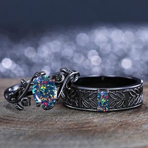 Black Fire Opal Wedding Couple Ring Black Opal Engagement Ring Set His&Her Matching Wedding Ring Set Anniversary Gift Bridal Promise Ring