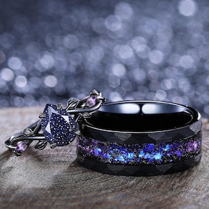 Unique Pear Blue Sandstone Couple Ring Set His&Her Matching Wedding Ring Set Amethyst Engagement Ring Bridal Promise Ring Birthstone Ring