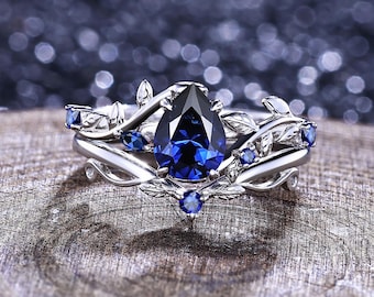 Conjunto de anillo de compromiso vintage de zafiro con diseño único de hoja, piedra natal de septiembre, anillo de boda, regalos de aniversario, anillo de promesa nupcial para mujer