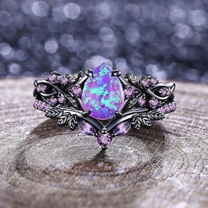 Lavendel paarse opaal verlovingsring set natuur geïnspireerd zwartgouden amethist clusterring vuuropaal stapelen trouwring verjaardagscadeau
