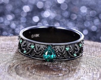 Green Emerald Engagement Ring Unique Nature Inspired Black Gold Emerald Matching Wedding Band Men's Promise Ring Anniversary Gift For His
