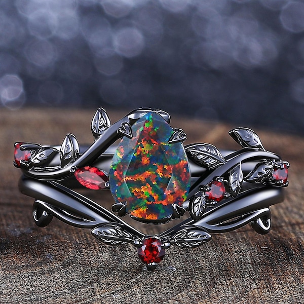 Vintage Birne Schwarz Feueropal Verlobungsring Set Einzigartige Blatt Design Schwarz Gold Cluster Opal Ring Jahrestag Geschenke Frauen Braut Versprechen Ring