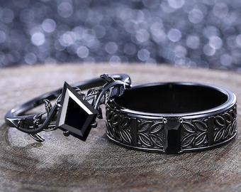 Black Onyx Couple Rings, Gothic Leaf Design Bridal Set