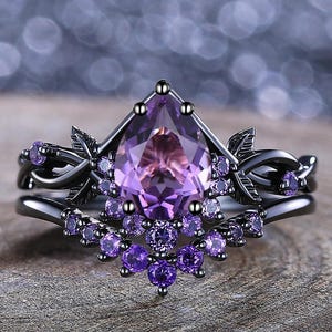 Vintage Pear Amethyst Engagement Ring Set Amethyst Wedding Ring Leaf Wedding Band Amethyst Bridal Promise Ring Set Anniversary Gift Custom