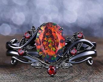 Vintage oval black fire opal engagement ring set nature inspired black gold cluster ring art deco leaf promise ring unique anniversary gifts