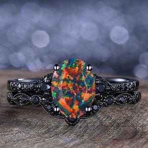 Gothic Black Fire Opal Engagement Ring Set Fire Opal Stacking Ring Unique Women Bridal Birthstone Wedding Ring Gift For Her Anniversary Gift