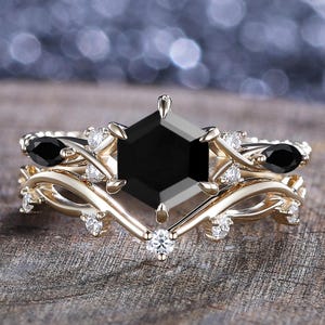 2PCS Vintage Hexagon Cut Black Onyx Engagement Ring Set,Birthtone Ring,14K Yellow Gold Moissanite Wedding Ring,Gothic Women Stacking Rings