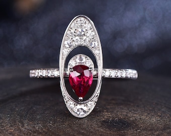 Pear Ruby Gold Ring, Handmade Anniversary Gift