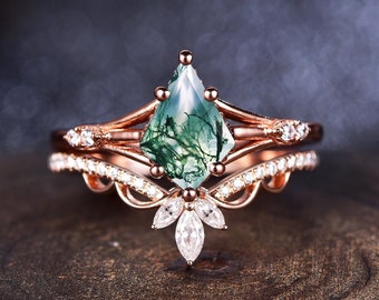 Vintage kite cut green moss agate engagement ring set 14k rose gold marquise cut moissanite ring for women unique bridal wedding ring set