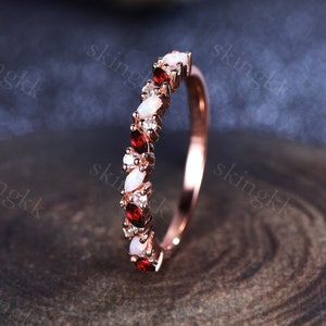 Marquise Garnet Wedding Band,Vintage Moissanite Ring,Fire Opal,October Birthstone Ring,Marquise Opal Stacking Ring,Rose Gold Ring Gift