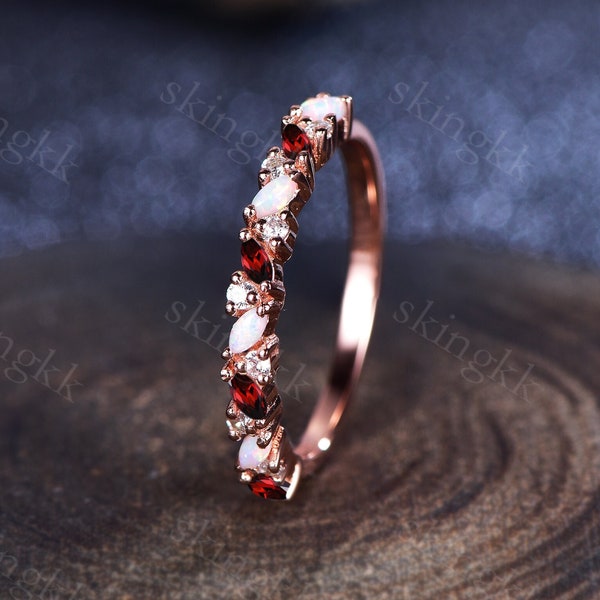 Marquise Garnet Wedding Band,Vintage Moissanite Ring,Fire Opal,October Birthstone Ring,Marquise Opal Stacking Ring,Rose Gold Ring Gift
