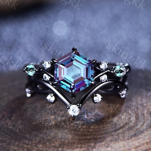 2PCS Vintage Unique Hexagon Cut Alexandrite Engagement Ring Set,Black Gold Ring,June birthtone,14k rose gold,Women Unique Ring Set Gift