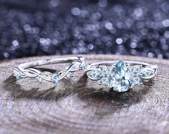 Vintage Pear Aquamarine Engagement Ring Set Unique Leaf Design White Gold Aquamarine Cluster Ring Women Bridal Wedding Ring Anniversary Gift