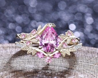 Pink Sapphire Engagement Ring Set Unique Vine Twig Branch Nature Inspired Pink Sapphire Cluster Ring Stacking Wedding Ring Anniversary Gifts