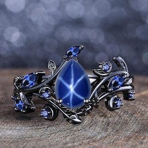 Unique Pear Cut Star Sapphire Engagement Ring Set Sapphire Wedding Ring Leaf Vine Twig Branch Nature Inspired Ring Crescent Moon Ring Custom