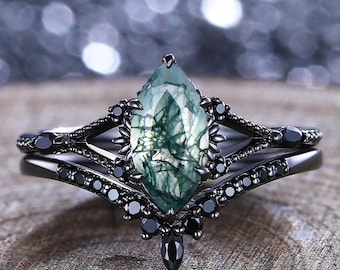 Marquise Moss Agate Engagement Ring Set, Black Gold Spinel Wedding Band