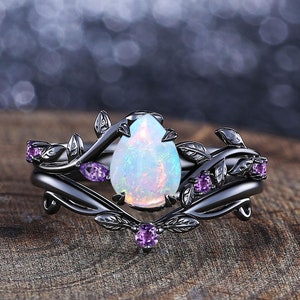 Vintage Pear White Opal Engagement Ring Set Unique Leaf Design Amethyst Black Gold Cluster Ring Anniversary Gifts Women Bridal Promise Ring