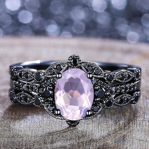 3PCS Oval Lavender Amethyst Engagement Ring Set Black Gold Amethyst Stacking Wedding Rings Unique Women Bridal Ring Anniversary Gift Custom