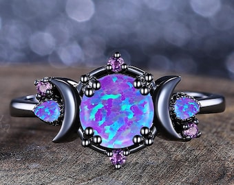 Spezielle Lavendel Opal Ring Stern Mond Ring 14K schwarz Gold lila Opal Ring Versprechen Ring Runde lila Opal Ring Geburtsstein Ring Geschenk für sie