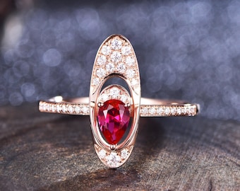 Pear Cut Ruby Ring, Diamonds, Solid Gold Anniversary Gift