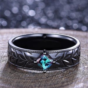 Princess Alexandrite Engagement Ring Unique Leaf Design Black Gold Matching Wedding Ring Vine Twig Nature Inspired Ring Anniversary Gift