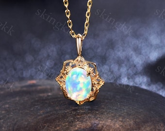Oval Opal Gold Necklace, Handmade Jewelry