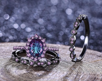 Gothic Fireworks Cut Alexandrite Engagement Ring Set Amethyst Stacking Rings Unique Women Bridal Birthstone Wedding Ring Anniversary Gift