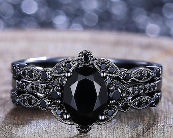 Handmade Black Onyx Engagement Ring Set, Gothic Bridal Rings