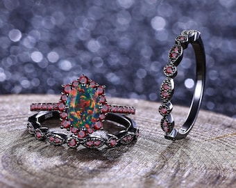 Gothic Oval Black Fire Opal Engagement Ring Set Garnet Stacking Rings Unique Women Bridal Birthstone Wedding Ring Anniversary Gift For Her