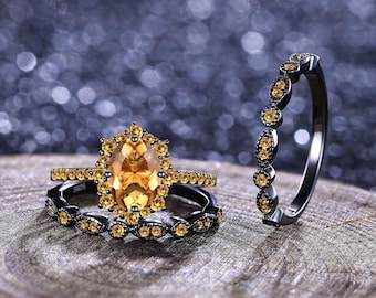 Gothic Oval Citrine Engagement Ring Set Citrine Stacking Rings Unique Women Bridal November Birthstone Wedding Ring Anniversary Gift For Her