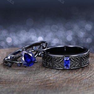Blue Sapphire Couple Ring Crescent Moon Sapphire Ring Set Men&Women Matching Wedding Ring Leaf Vine Twig Nature Inspired Bridal Promise Ring