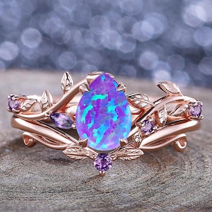 Vintage Pear Lavender Purple Opal Engagement Ring Set Unique Leaf Design Rose Gold Cluster Ring Anniversary Gifts Women Bridal Promise Ring
