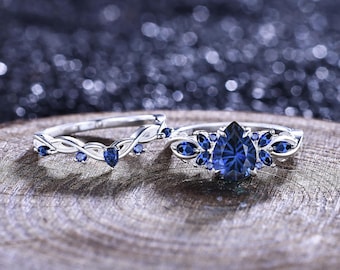 Vintage Firework Sapphire Engagement Ring Set Women Bridal Wedding Ring Unique Leaf Design White Gold Sapphire Cluster Ring Anniversary Gift