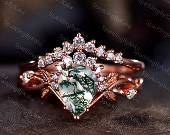 Pear Moss Agate Engagement Ring Set Natural Inspired Leaf Branch Ring Chevron Stack Wedding Ring Vintage Cluster Promise Ring Gift For Women