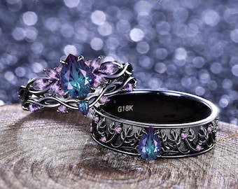 Fireworks Cut Alexandrite Couple Ring Set Gothic Nature Inspired His&Her Matching Wedding Ring Amethyst Stacking Rings Anniversary Gift
