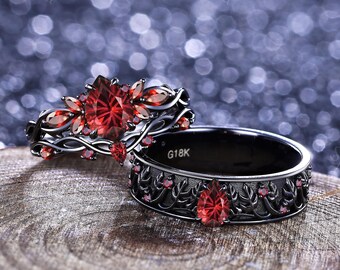 Vintage Fireworks Garnet Couple Ring Set Unique Gothic Nature Inspired His&Her Matching Wedding Ring Garnet Stacking Rings Anniversary Gift