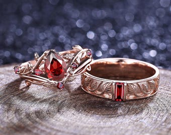Unique Pear Garnet Couple Ring Set Nature Inspired His&Her Matching Wedding Ring Garnet Engagement Ring Bridal Promise Band Anniversary Gift