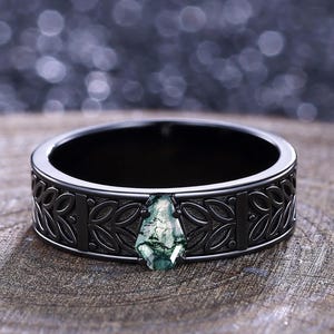 Unique Coffin Moss Agate Matching Wedding Ring 14K Black Gold Leaf Design Moss Agate Engagement Ring Mens Promise Ring Anniversary Gift