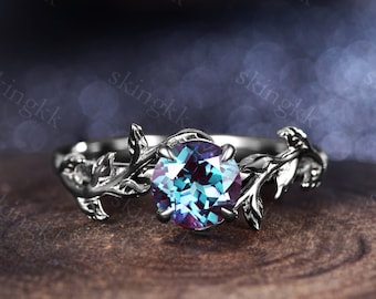 Anillo de alejandrita vintage: anillo de compromiso floral en oro vermeil de 24 k