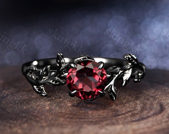 Black Gold stacking,ring with real garnet,sustainable jewelry,Round gemstone ring,January birthstone,gift for her,Personalized Gifts