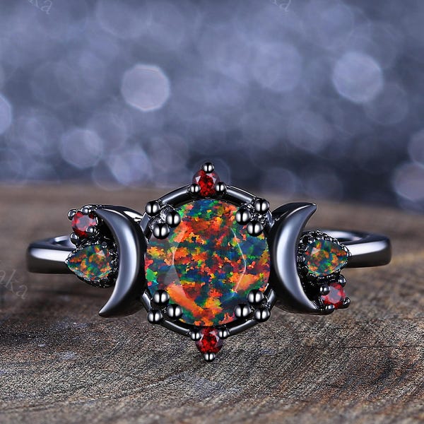 Black Fire Opal Crescent Moon Ring, 14K Black Gold, Garnet Accent
