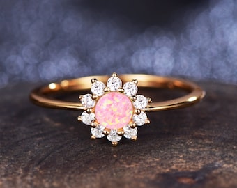 Round Pink Opal Engagement Ring Rose Gold Fire Opal Wedding Ring Halo Ring Promise Ring Vintage Ring Women Anniversary Ring Antique Ring