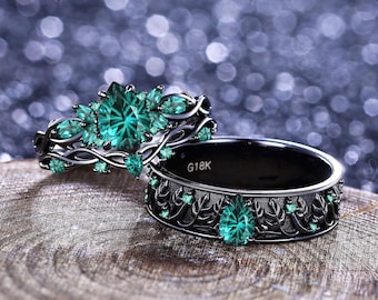 Vintage Fireworks Emerald Couple Ring Set Gothic Nature Inspired His&Her Matching Wedding Ring Emerald Stacking Rings Anniversary Gift