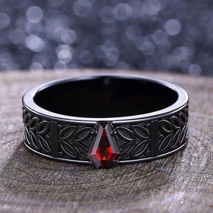 Coffin Garnet Matching Wedding Ring Unique 14K Black Gold Leaf Design Garnet Engagement Ring Men&#39;s Promise Ring Anniversary Gift for Him