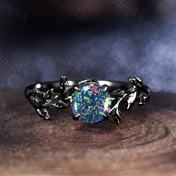 Handmade Black Opal Ring – October Birthstone, Floral Sterling Silver