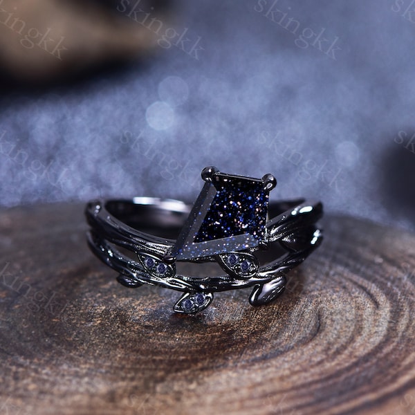 Vintage Blue Sandstone Engagement Ring,Kite Cut Gems,black gold,Wedding Band,Stone Unique Women Bridal Promise Ring,Customized Gift,Gifts