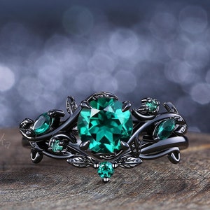 Einzigartige Runde Smaragd Verlobungsring Set Halbmond Ring Blatt Design Schwarz Gold Cluster Ring Jahrestag Geschenke Frauen Braut Versprechen Ring