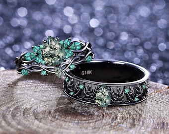 Vintage Moss Agate Couple Ring Set Unique Gothic Nature Inspired His&Her Matching Wedding Ring Emerald Bridal Wedding Ring Anniversary Gift